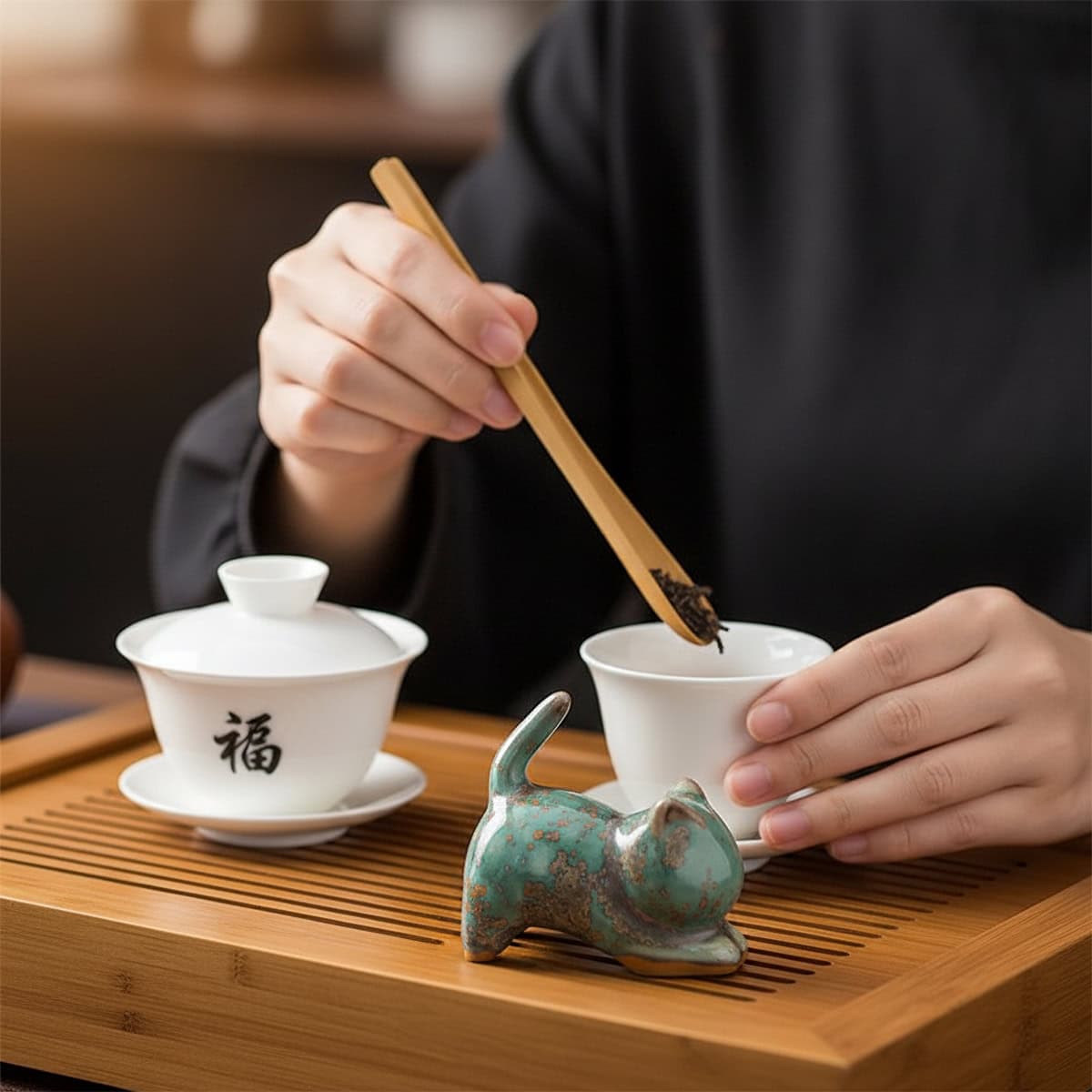 Cat tea pet used in Chinese gongfu tea ceremony with Gaiwan on wooden tea tray