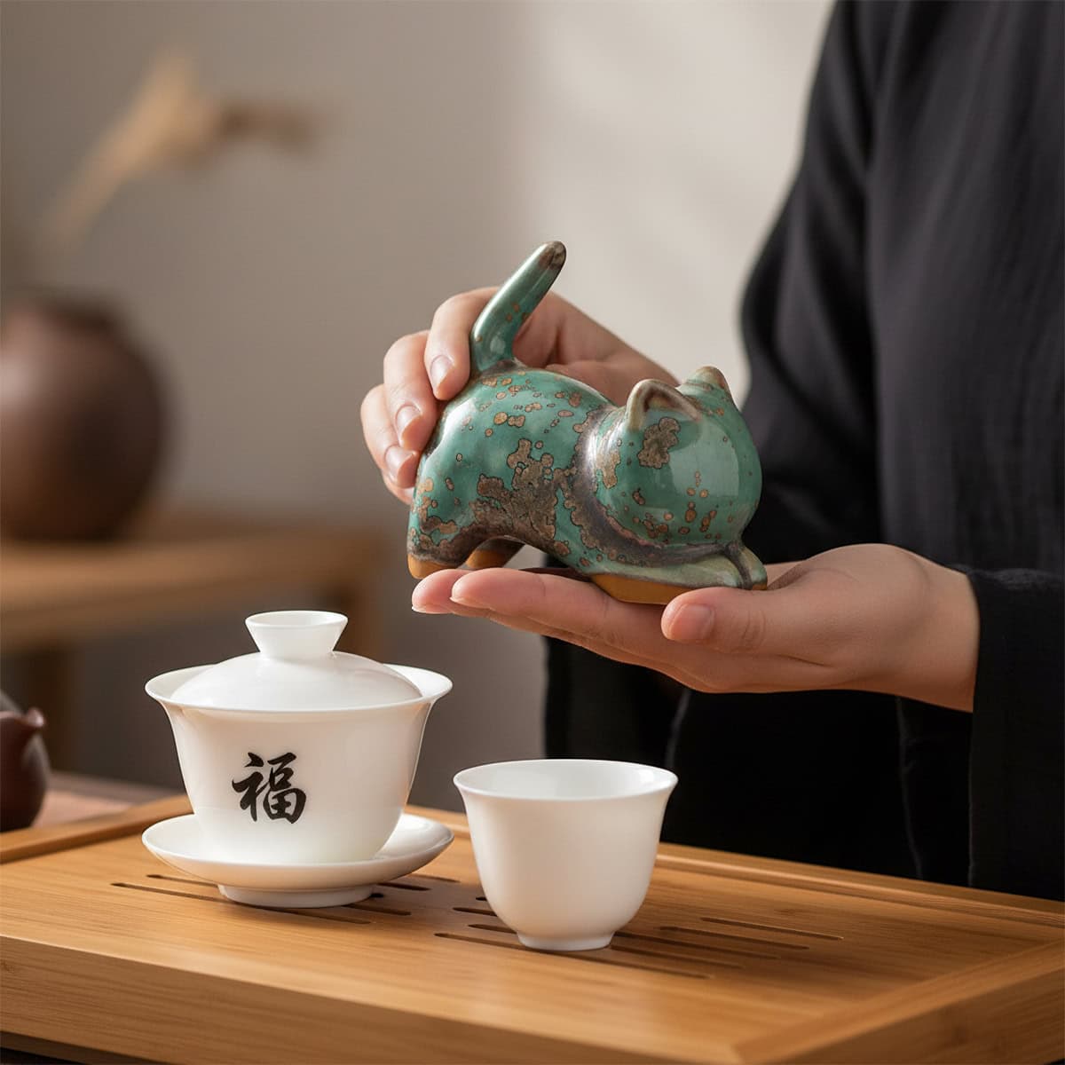 Hand displaying Chinese tea pet cat made of Dehua ceramic for Gongfu tea