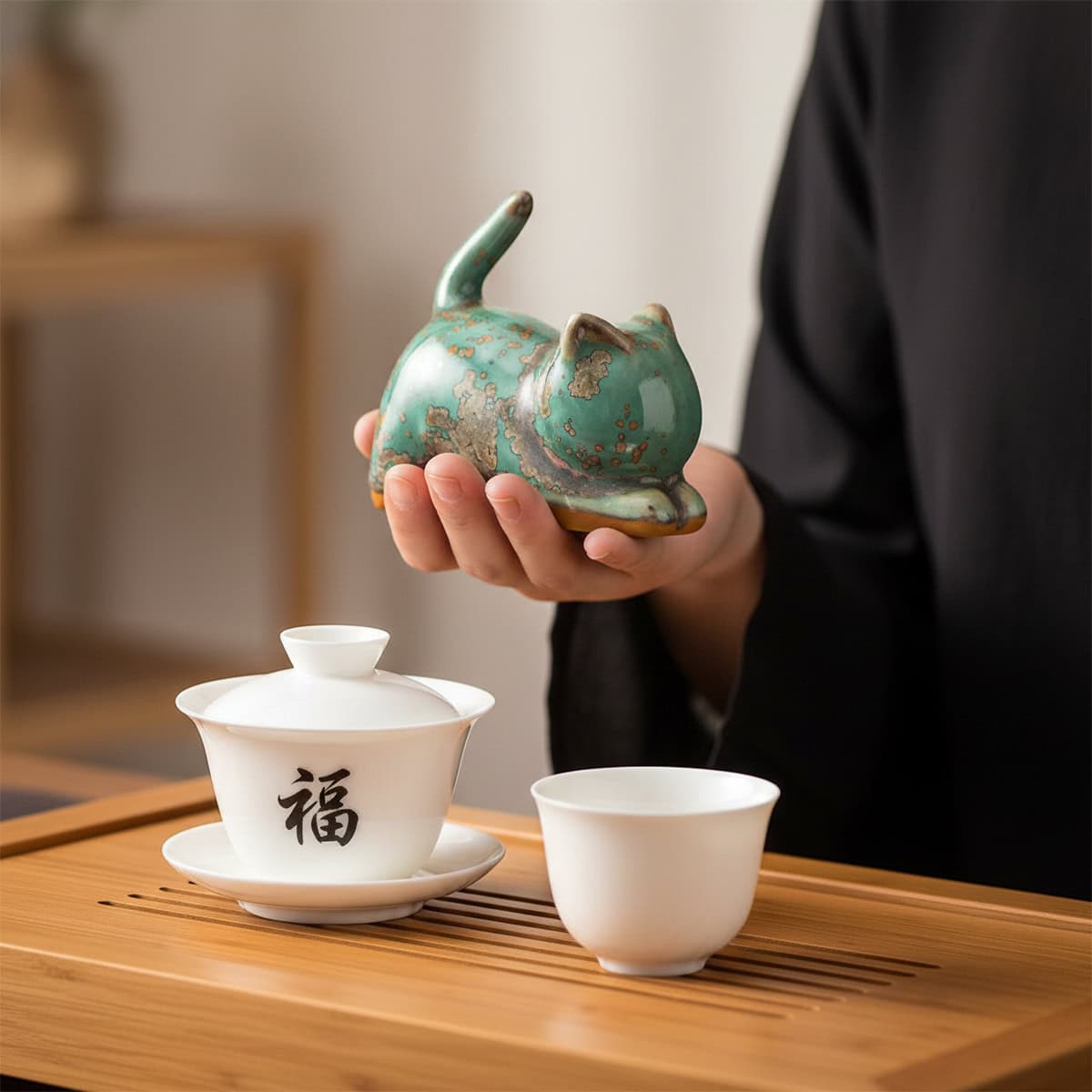 Holding green ceramic Chinese cat tea pet beside gaiwan during tea ceremony