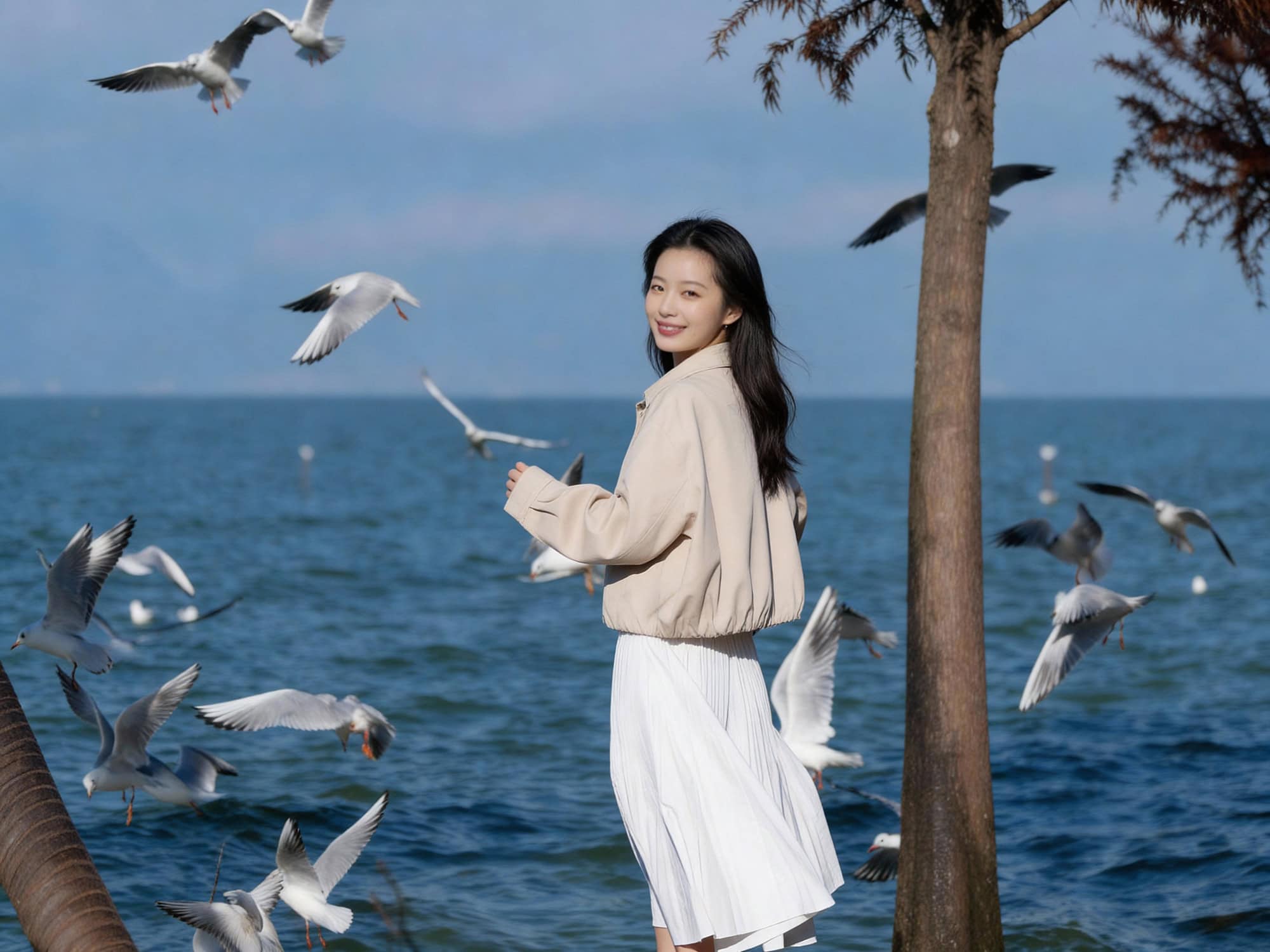 Lakeside moment with seagulls and blue water at Dianchi, captured in Laoyuhe Wetland Park in Kunming City