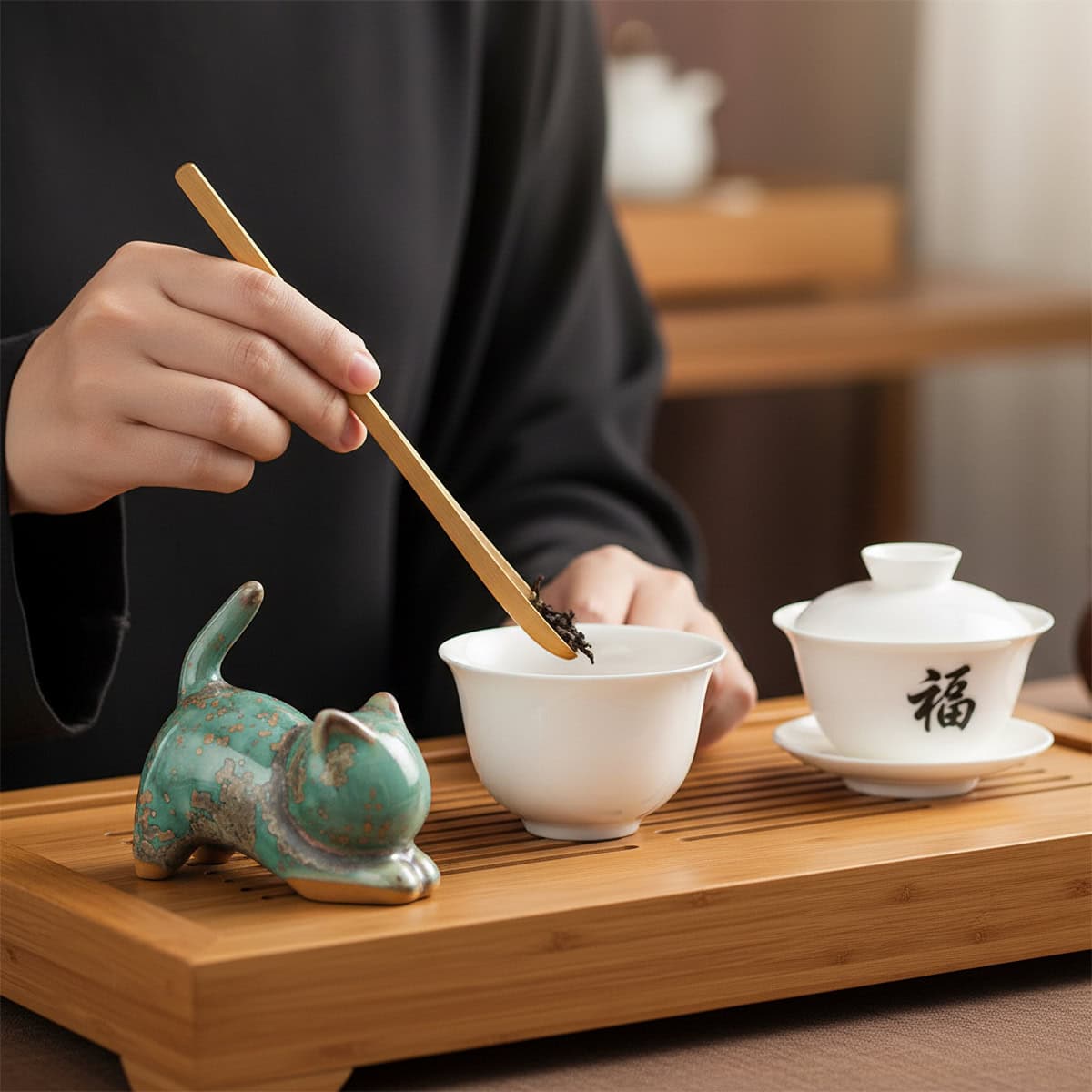 Person placing tea leaves into a white cup with bamboo tongs, with a green ceramic cat tea pet on a wooden tea tray during Chinese Gongfu tea preparation