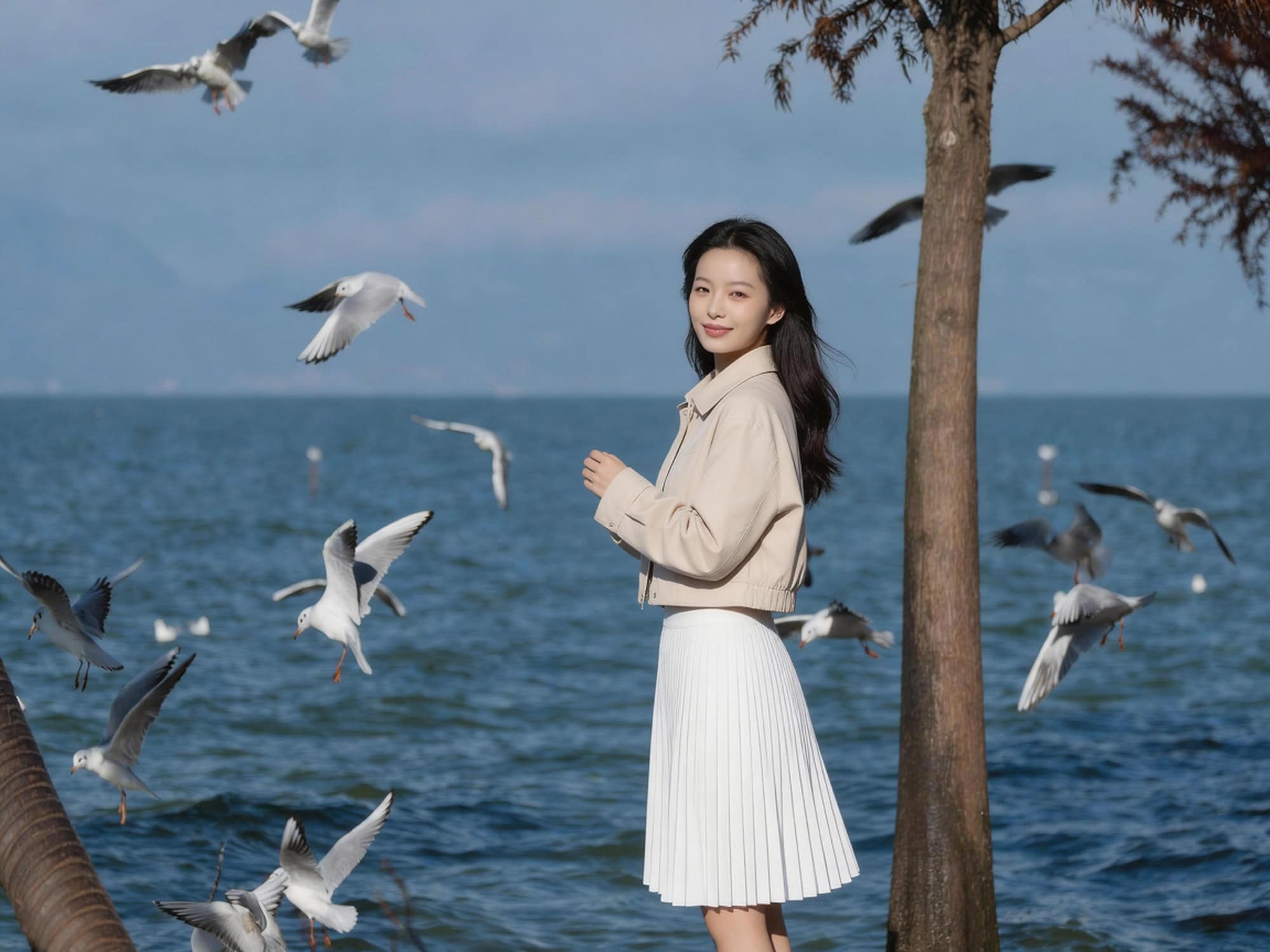 Seagulls flying over the water at Dianchi Lake Kunming, photographed near the lakeside in Laoyuhe Wetland Park