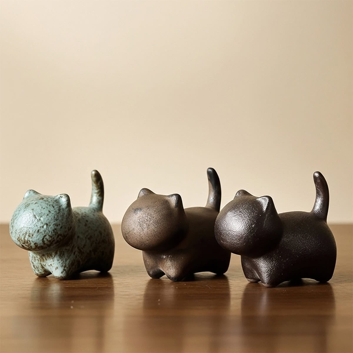 Set of three ceramic cat tea pets in coarse clay with kiln-transmutation glaze displaying natural vintage texture