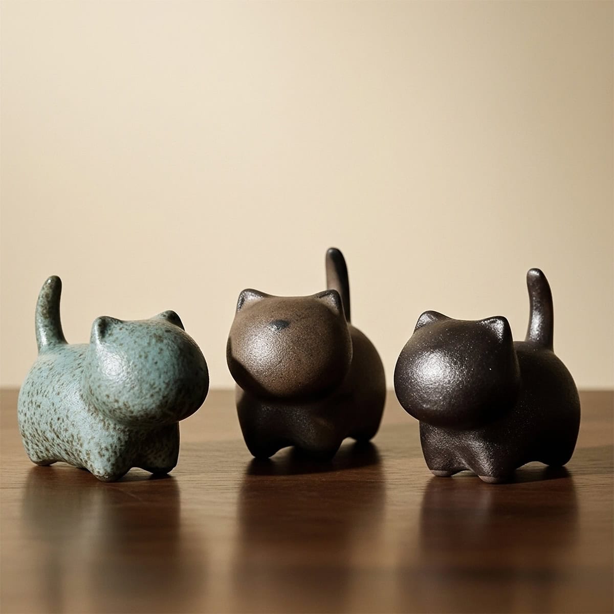 Three handcrafted kiln-transmutation cat tea pets made of rustic clay