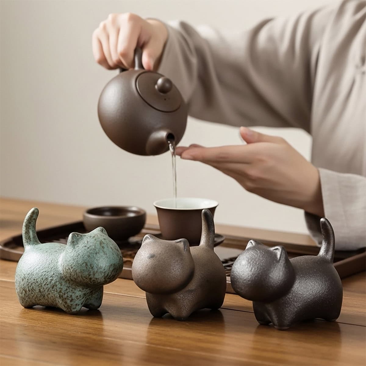 Three rustic ceramic Chinese tea pets on table while tea is being poured during traditional Chinese gongfu tea session