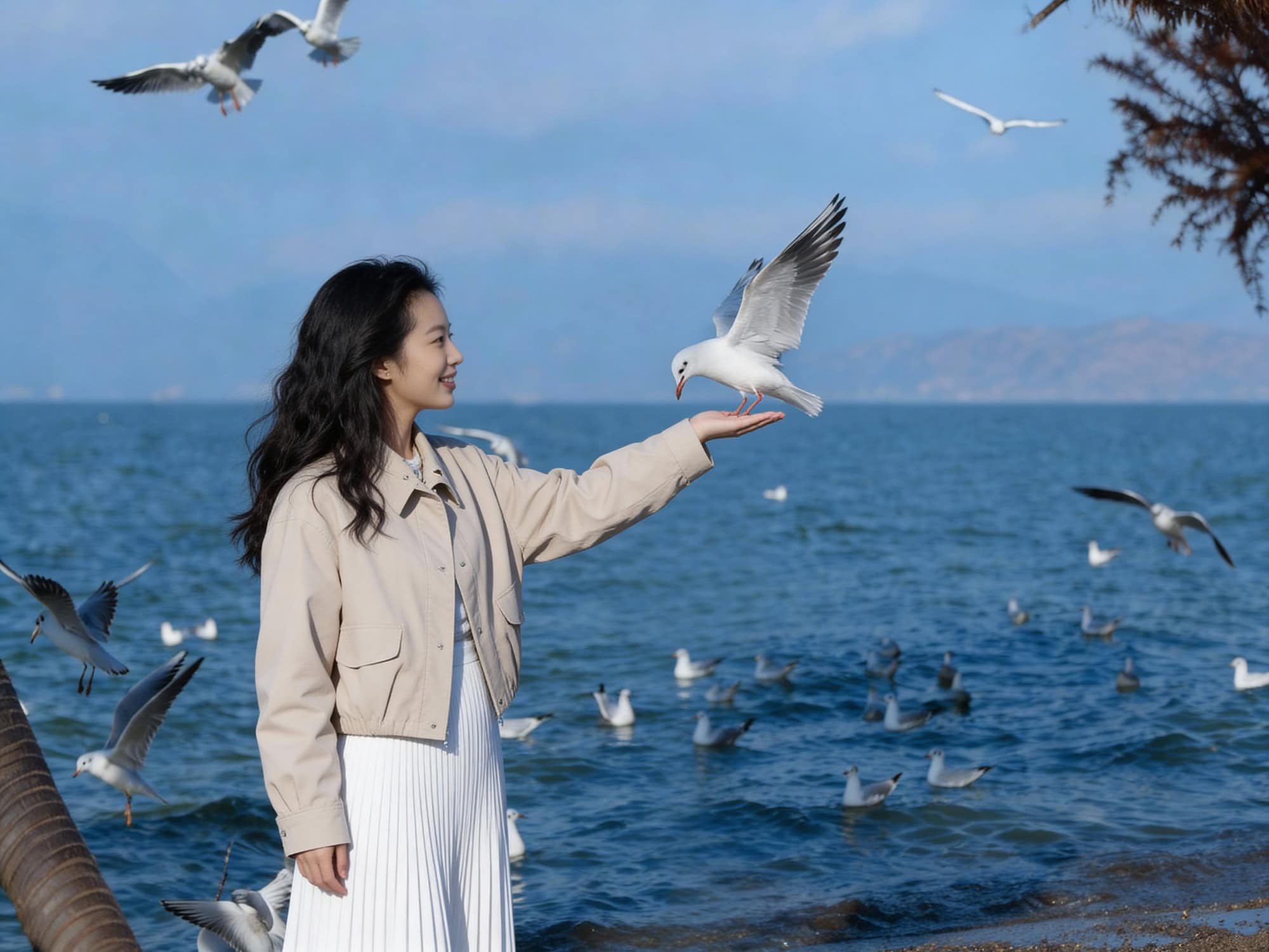 Visitor feeding seagulls along the Dianchi shoreline at Laoyuhe Wetland Park, one of the popular Kunming attractions