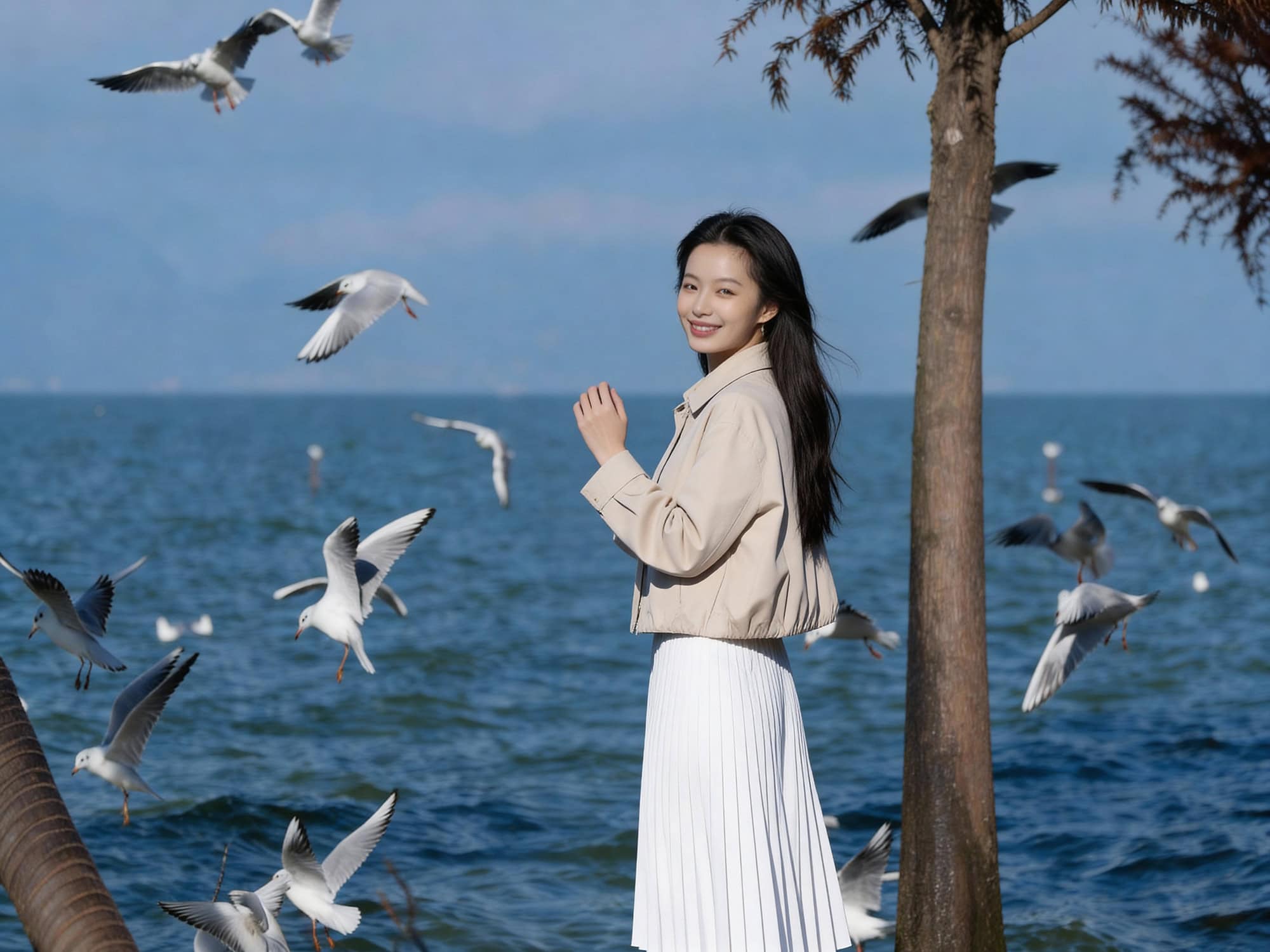 Woman in a white skirt standing by Dianchi Lake at Laoyuhe Wetland Park, Kunming City