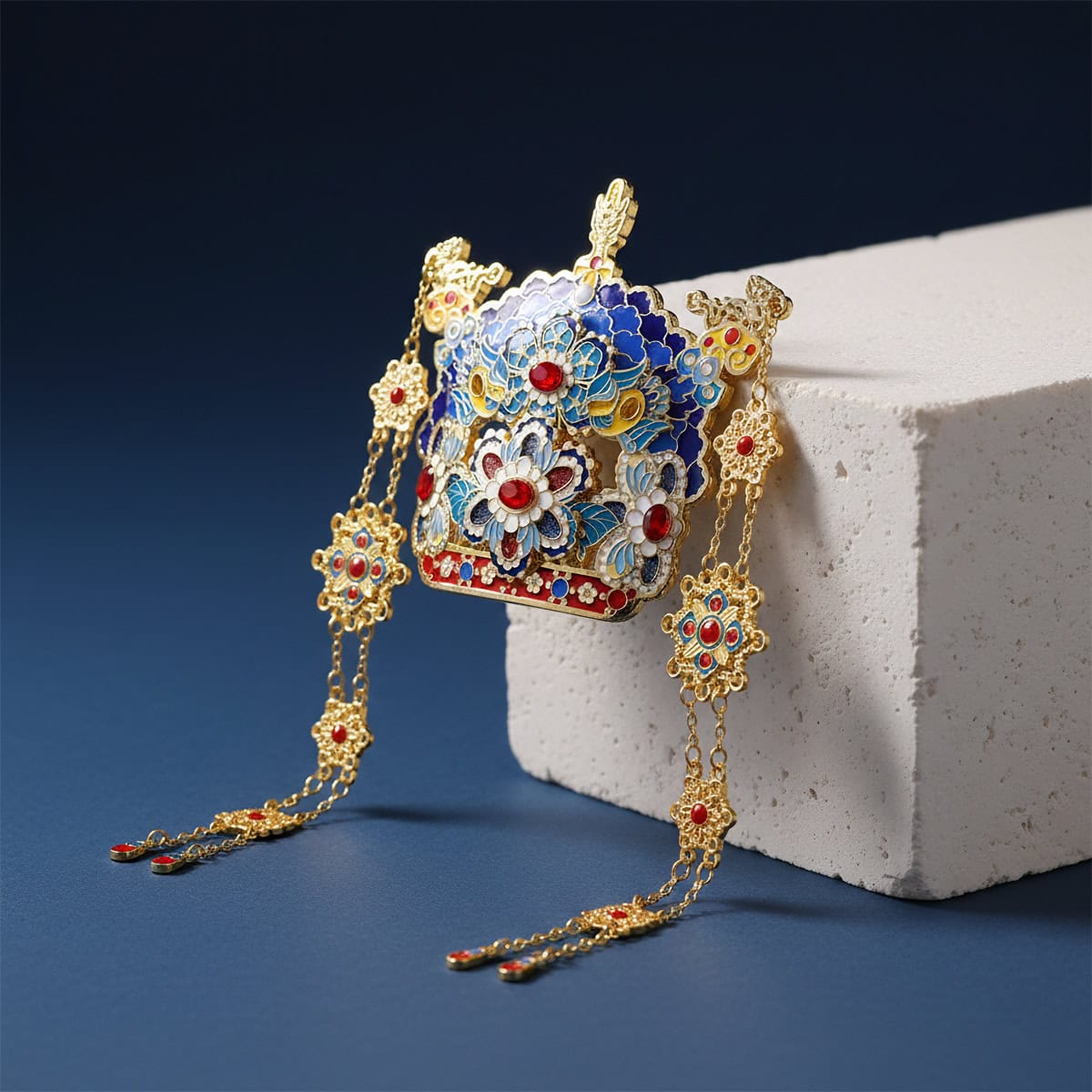 Angled close-up of the crown fridge magnet highlighting polished electroplated metal and pearl-like and gemstone-like accents