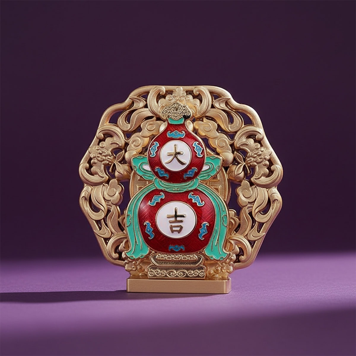Beijing Palace Museum inspired Daji Gourd metal fridge magnet, 3D relief casting with gold tone plating, souvenir from Beijing