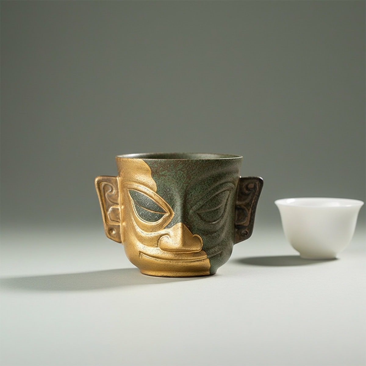 Chinese porcelain tea cup with a Sanxingdui gold mask look beside a small white tea cup