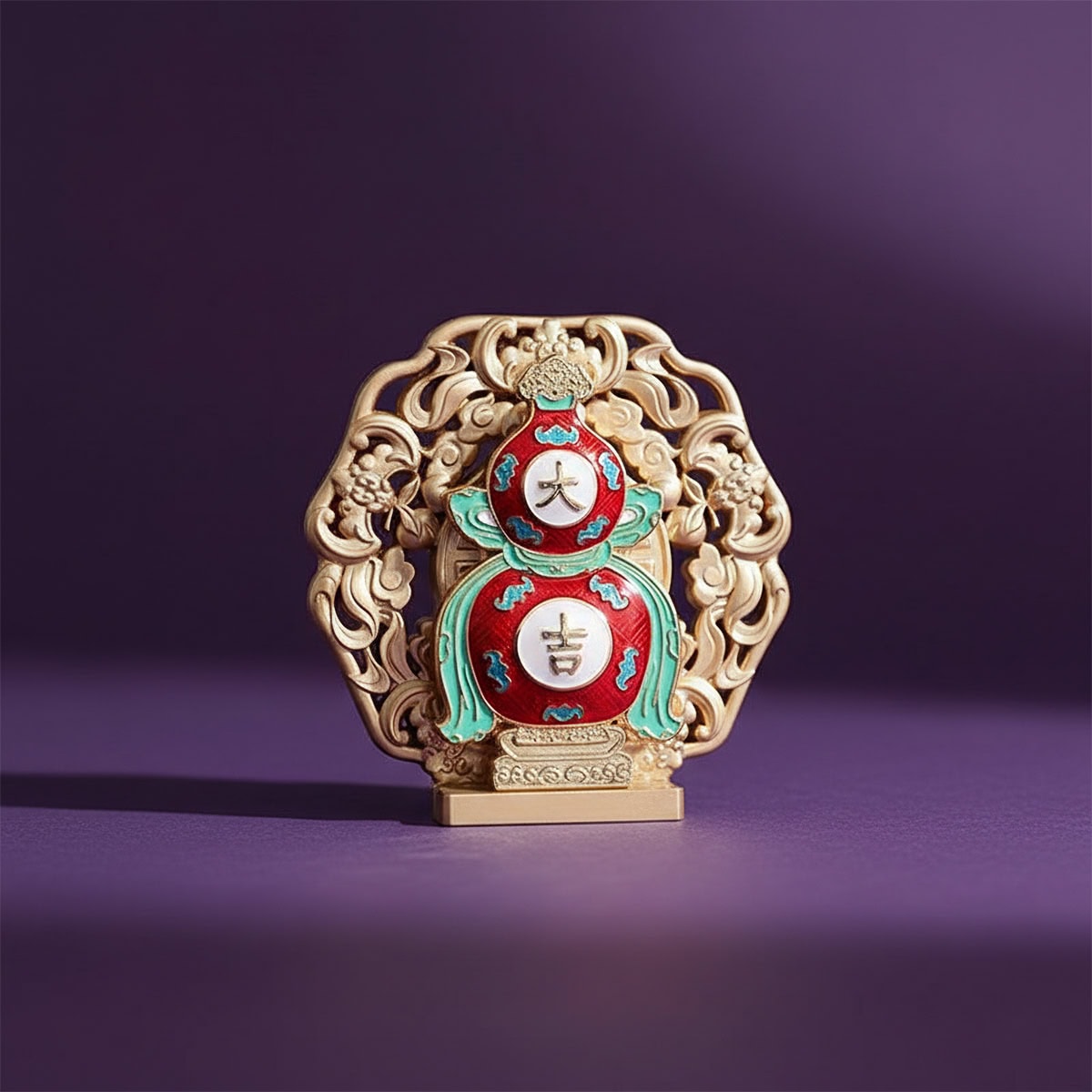 Close up of Daji Gourd 3D fridge magnet from the Beijing Palace Museum gift collection, gold tone plated metal souvenir from Beijing