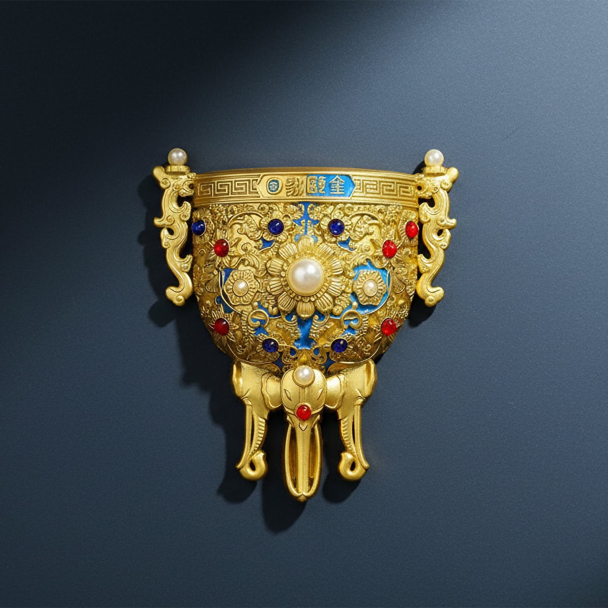 Close-up of Jin Ou Yong Gu Cup souvenir magnet, gold-tone metal with enamel, faux pearl, and red:blue gem accents