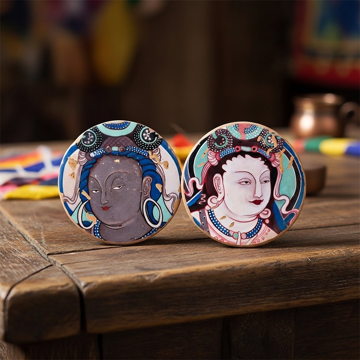 Close-up of Kizil Caves in Xinjiang Province China mural style fridge magnets paintings, micro-printed clayboard with handmade aging