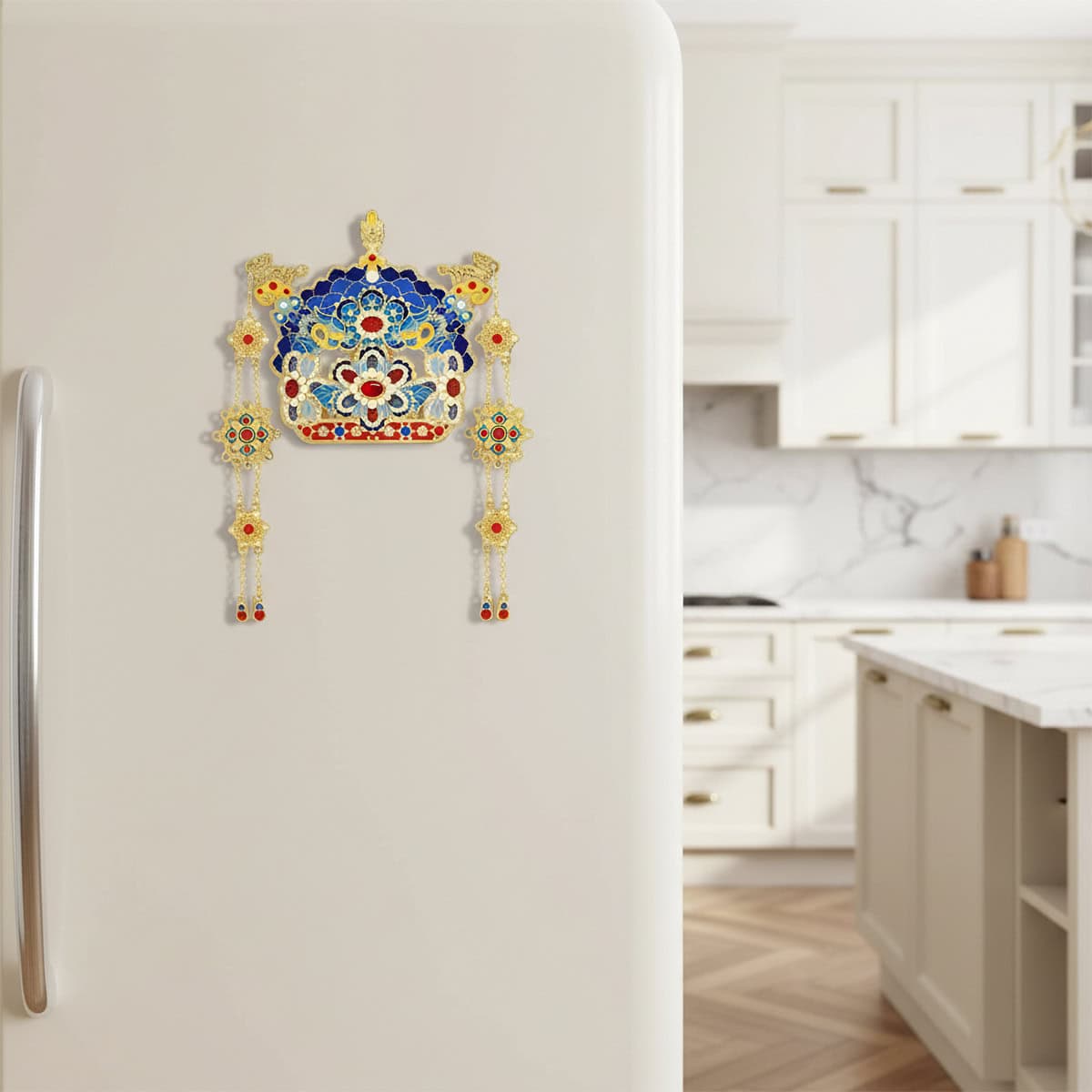 Decorative phoenix crown fridge magnet on a refrigerator door