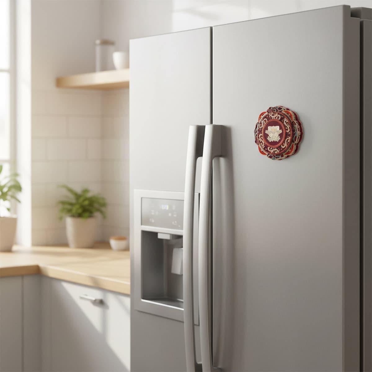 Divine Emblem spinning fridge magnet attached to a modern kitchen refrigerator