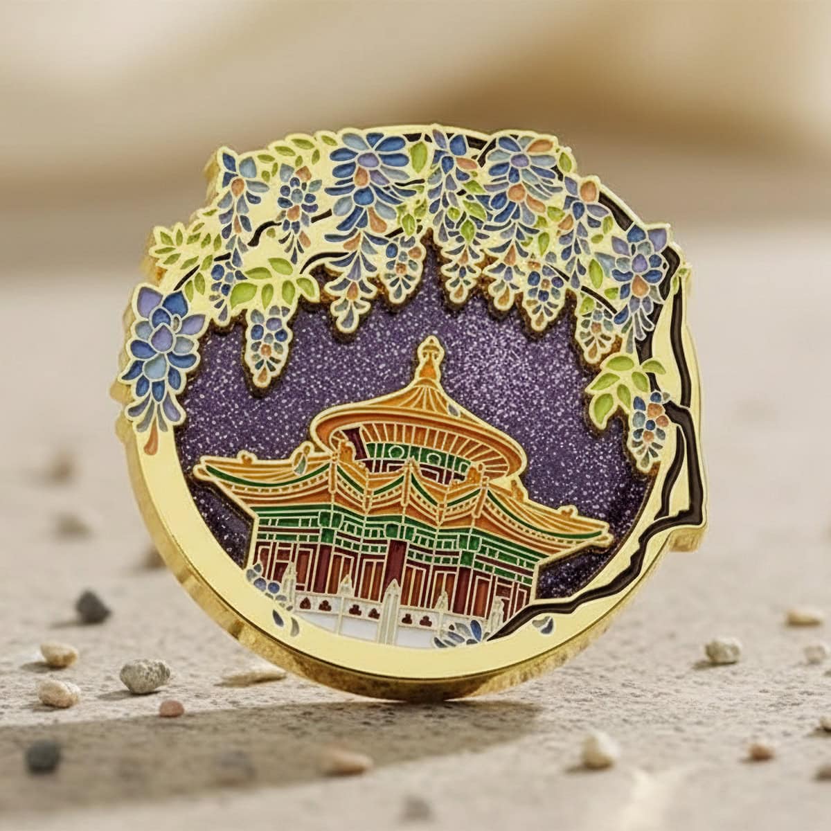 Forbidden City Imperial Garden wisteria shaker fridge magnet close-up, gold-tone Wanchun Pavilion design, Beijing China souvenir magnet