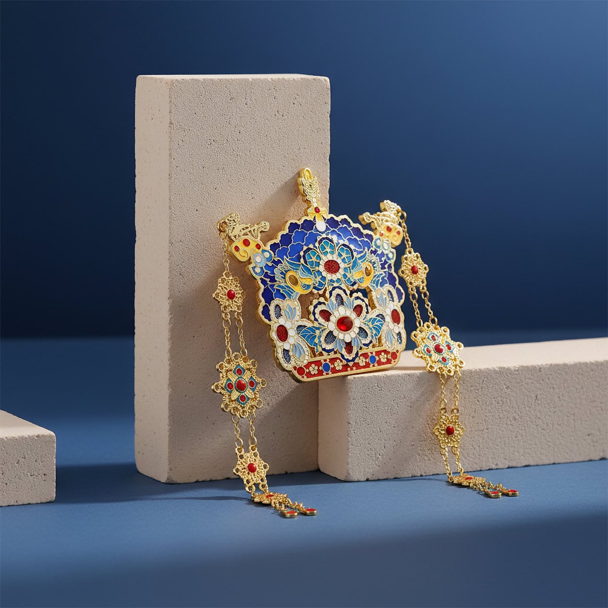 Front view of the Wanli-era phoenix crown–style fridge magnet with paired phoenix motifs, floral elements, and richly saturated blue-and-gold detailing, displayed on geometric studio props