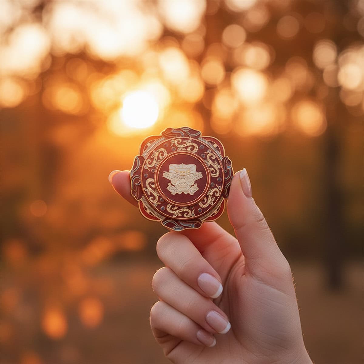 Hand-held Divine Emblem spinning fridge magnet outdoors at sunset, referencing Liangzhu culture and ancient symbolism with warm golden bokeh