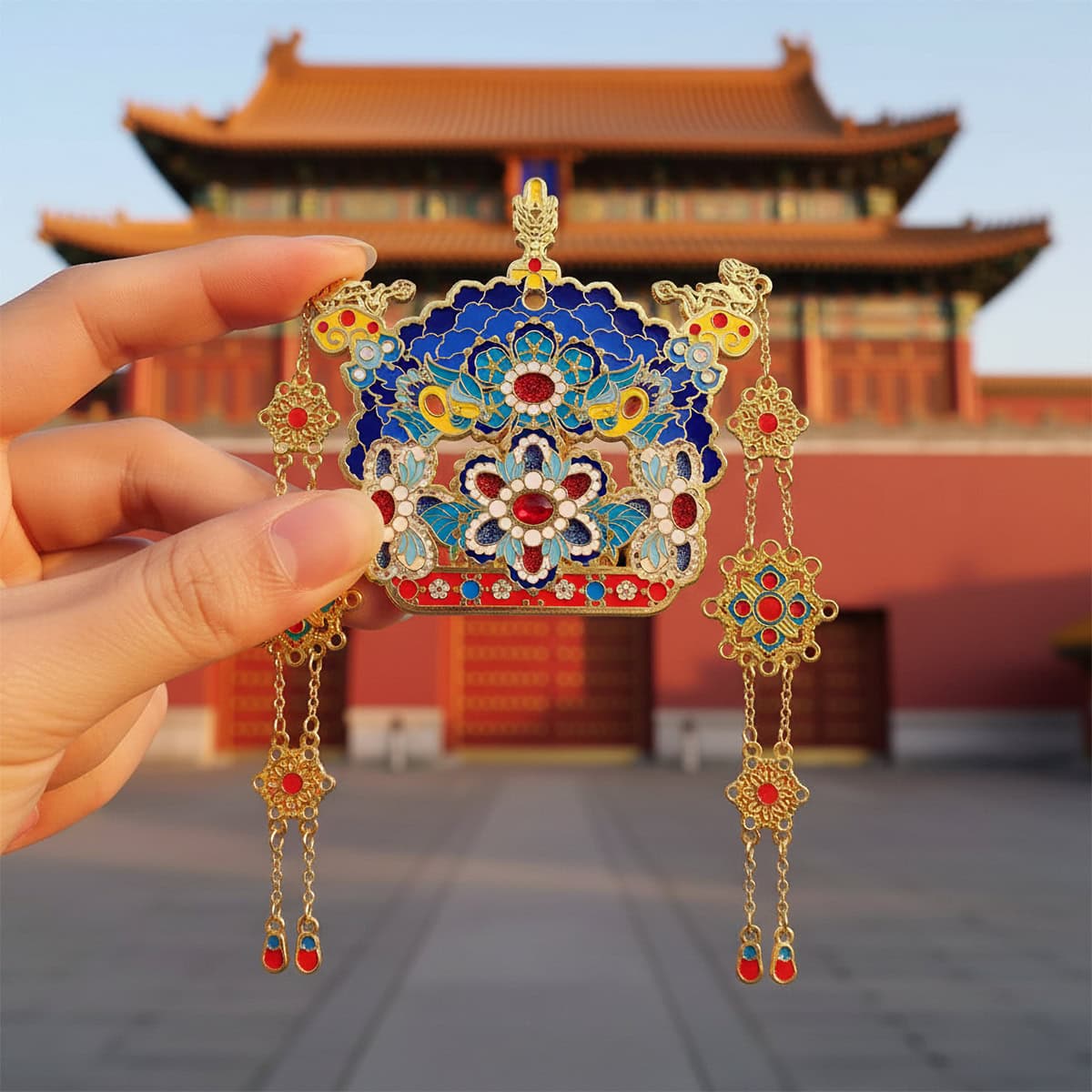 Handheld Ming Dynasty phoenix crown–inspired fridge magnet in vivid blue and gold, with paired phoenix and floral motifs and dangling tassel chains, photographed in front of a Beijing landmark