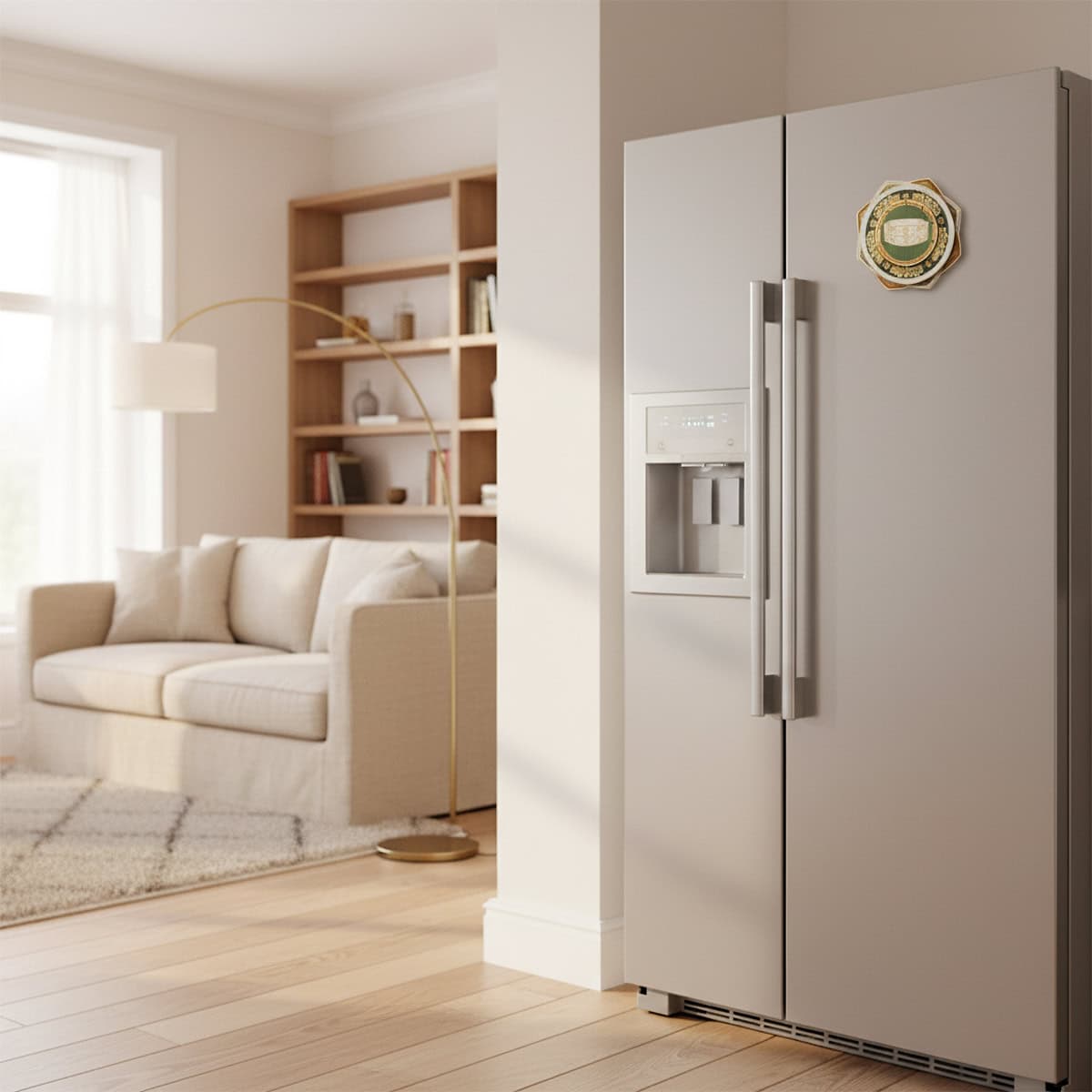 Jade Cong spinning fridge magnet on a stainless refrigerator in a bright European-style living room kitchen