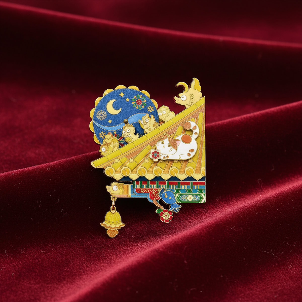 Interactive fridge magnets from the Palace Museum in Beijing, featuring lucky cats and a rotating star-and-moon dial on a red velvet background
