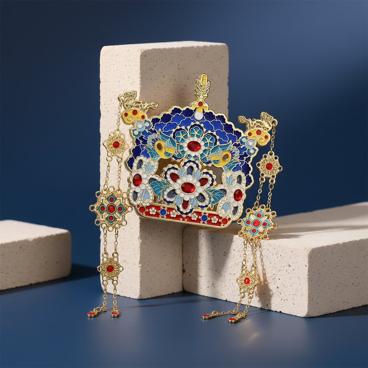 Phoenix crown fridge magnet product photo showing color-filled metal, gold filigree detailing, and symmetrical jewel-and-blossom patterns