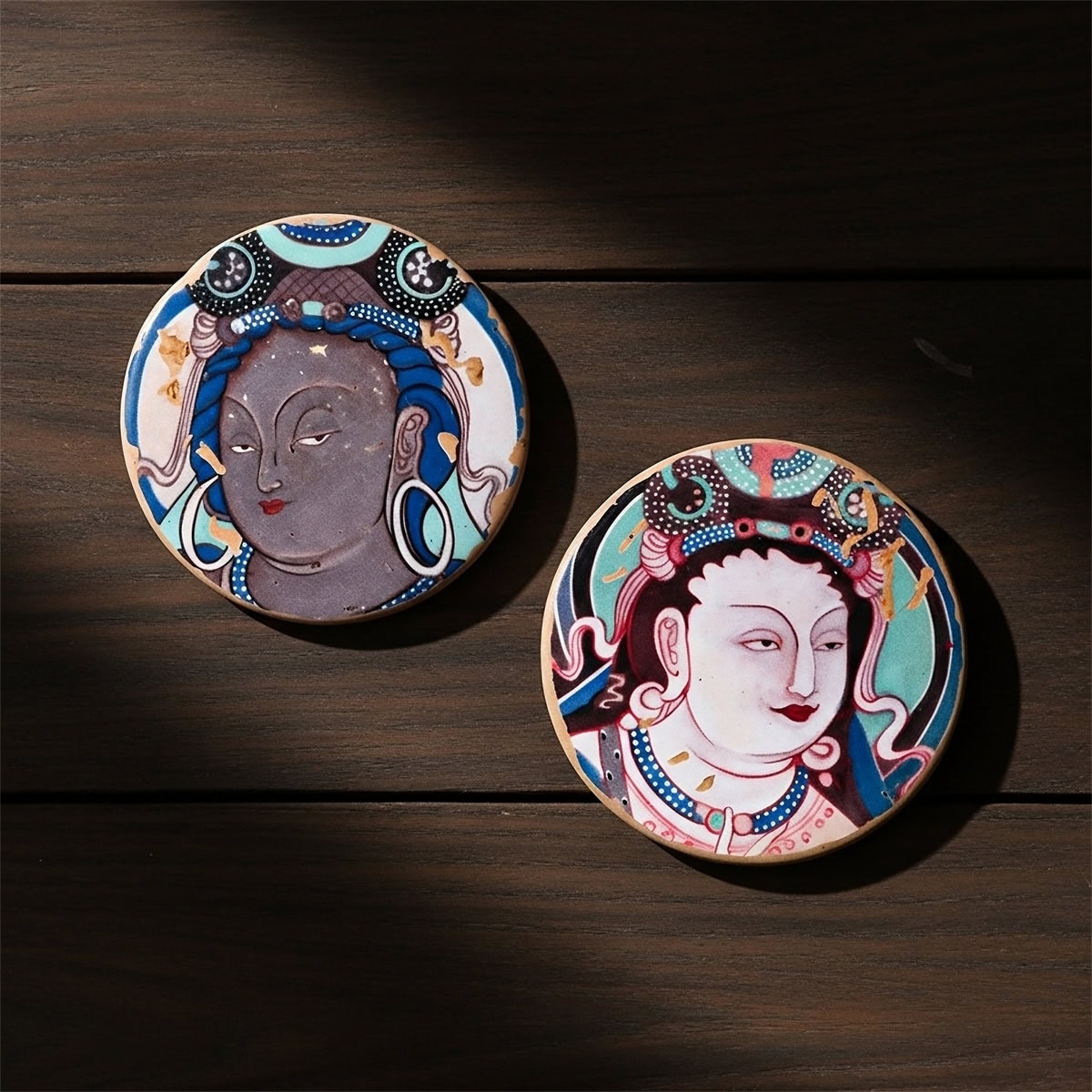 Two round Kizil Caves painting clayboard fridge magnets with Bodhisattva portraits, fine art micro-print, hand-aged finish